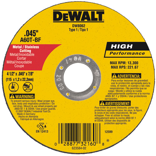 DeWalt DW8062 Metal and Stainless Cutting Blade 41/2" x .045"